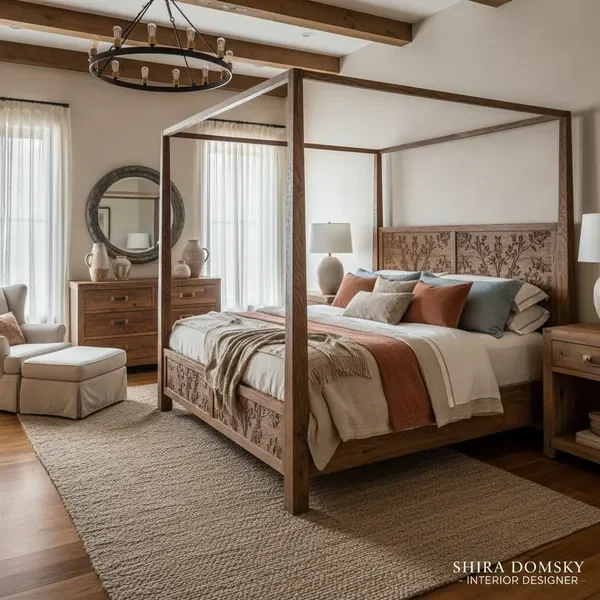 עיצוב פנים לחדר שינה ראשי בסגנון כפרי יוקרתי